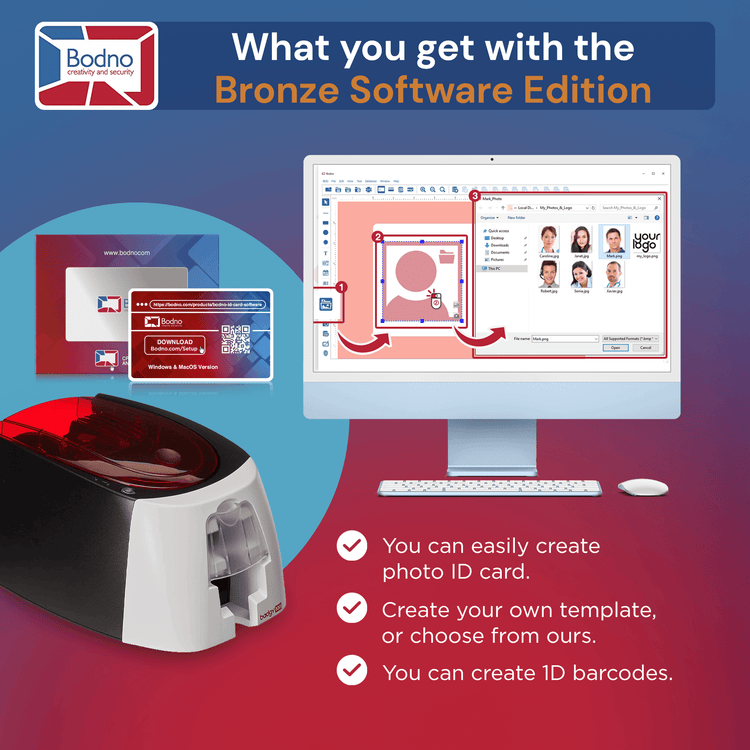 Badgy100 ID Card Printer & Complete Supplies Package with Bodno Bronze Edition ID Software
