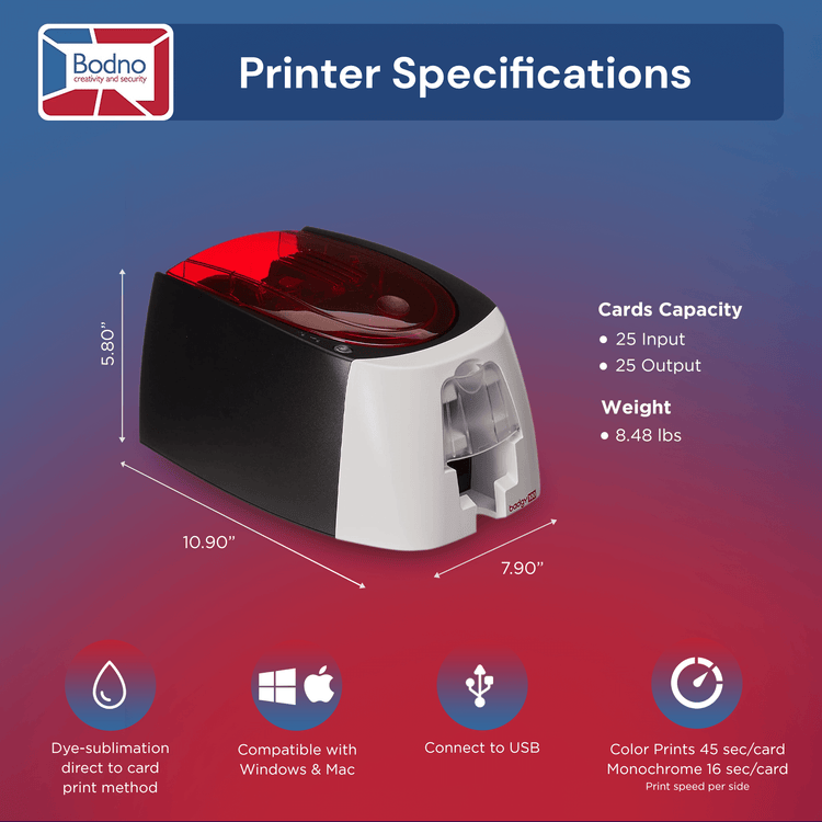 Badgy100 ID Card Printer & Complete Supplies Package with Bodno Bronze Edition ID Software