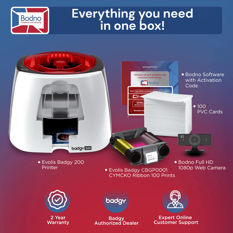 Badgy200 ID Card Printer & Complete Supplies Package with Bodno Bronze Edition ID Software