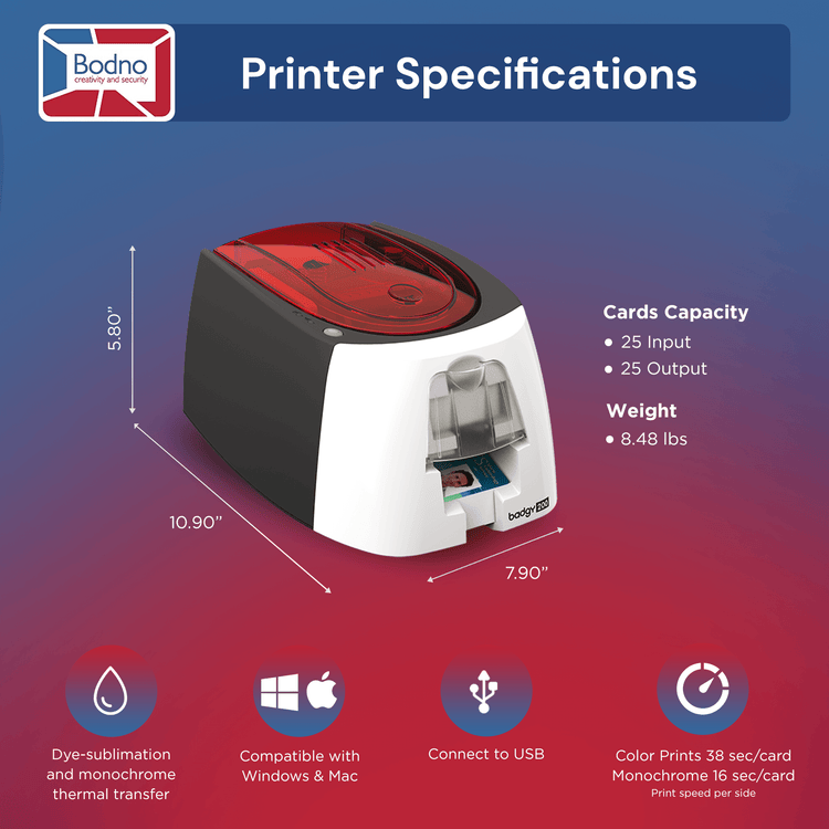 Badgy200 ID Card Printer & Complete Supplies Package with Bodno Bronze Edition ID Software