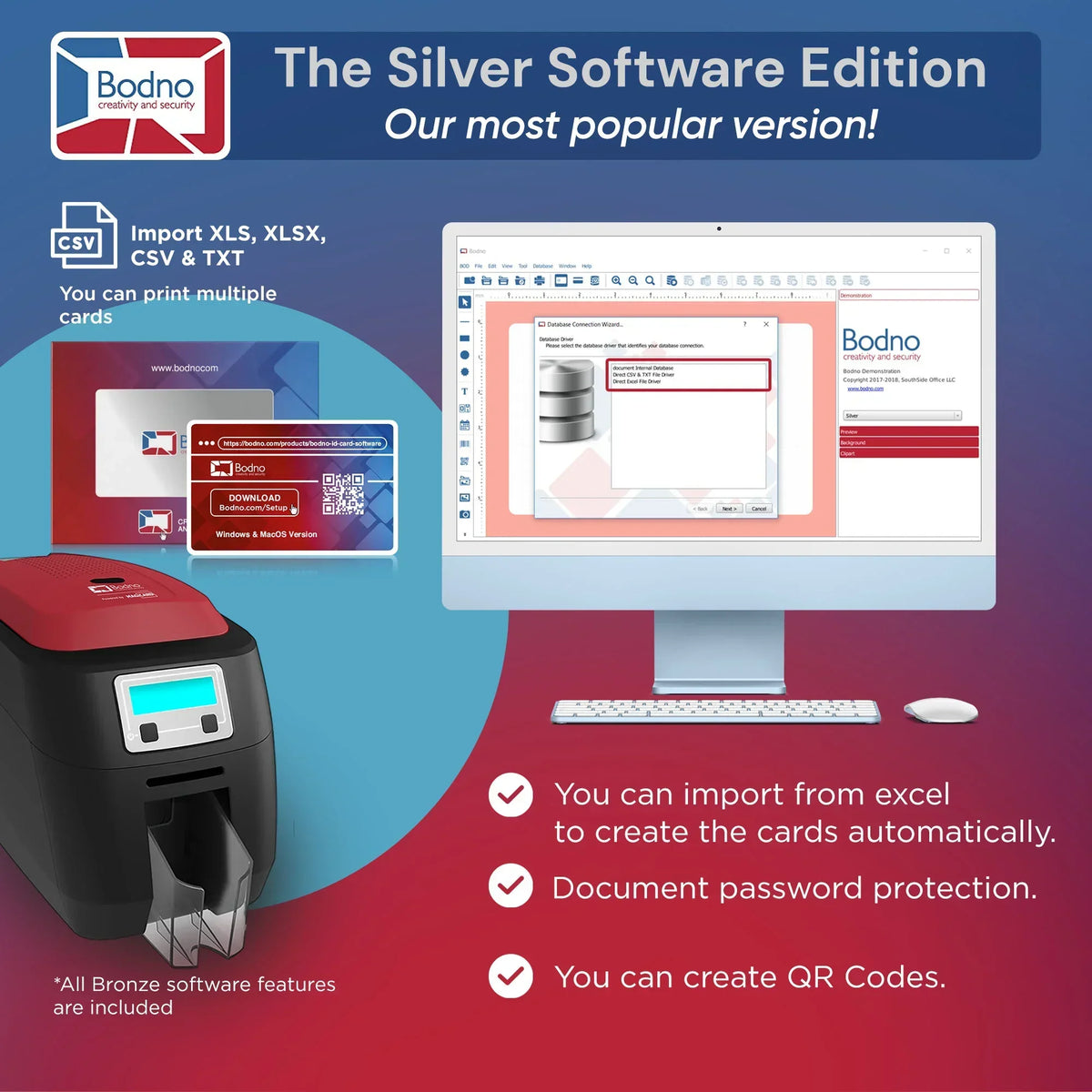 ID card printer with Silver software edition for importing Excel, CSV, creating QR codes & password protection