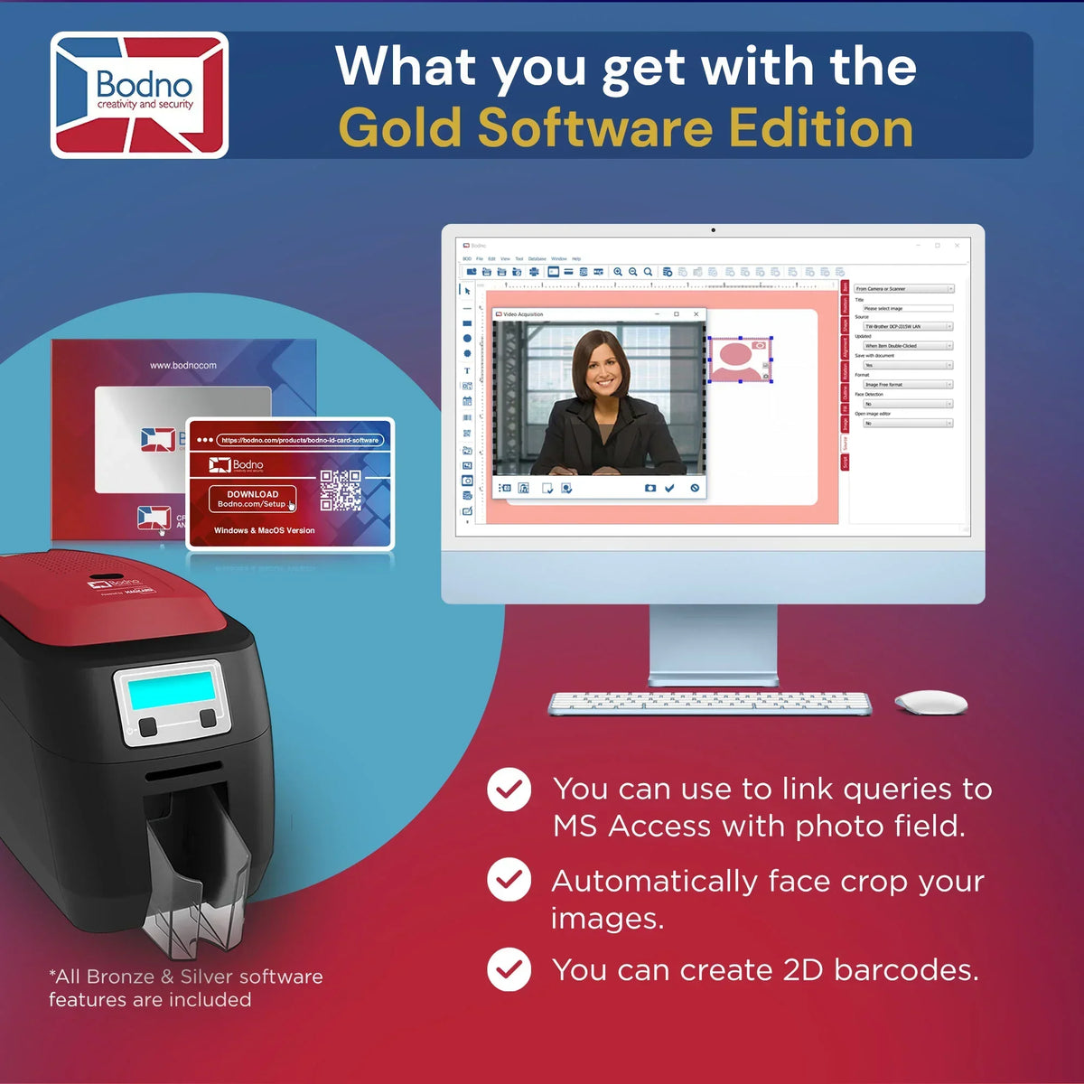 ID card printer with Gold Software Edition features: face crop, 2D barcodes, MS Access link for business ID cards
