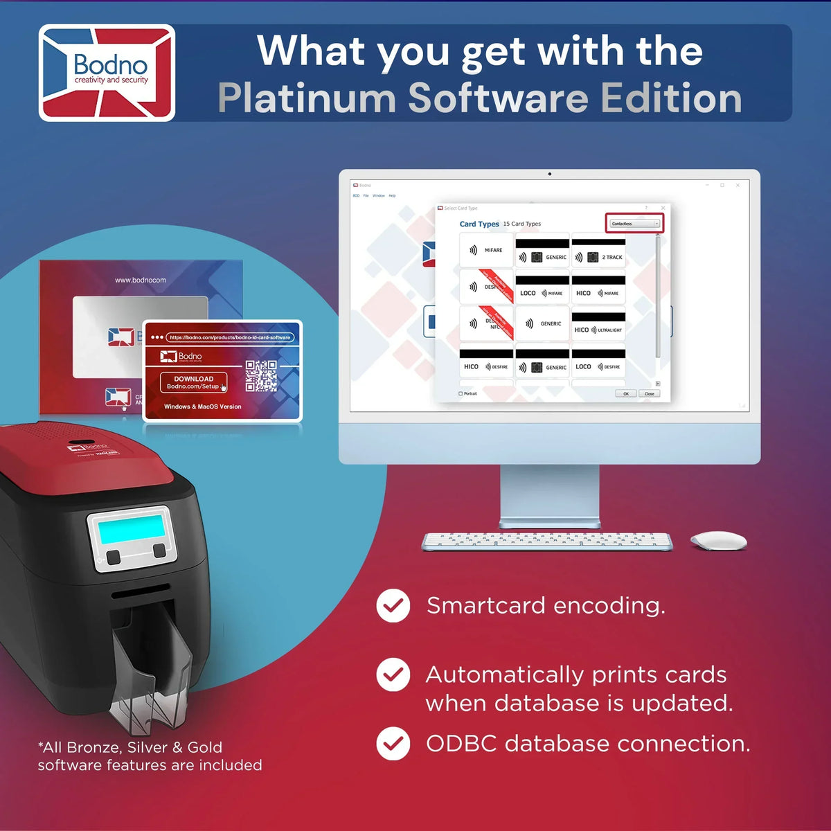 ID card printer with Platinum Software Edition showing smartcard encoding and database features