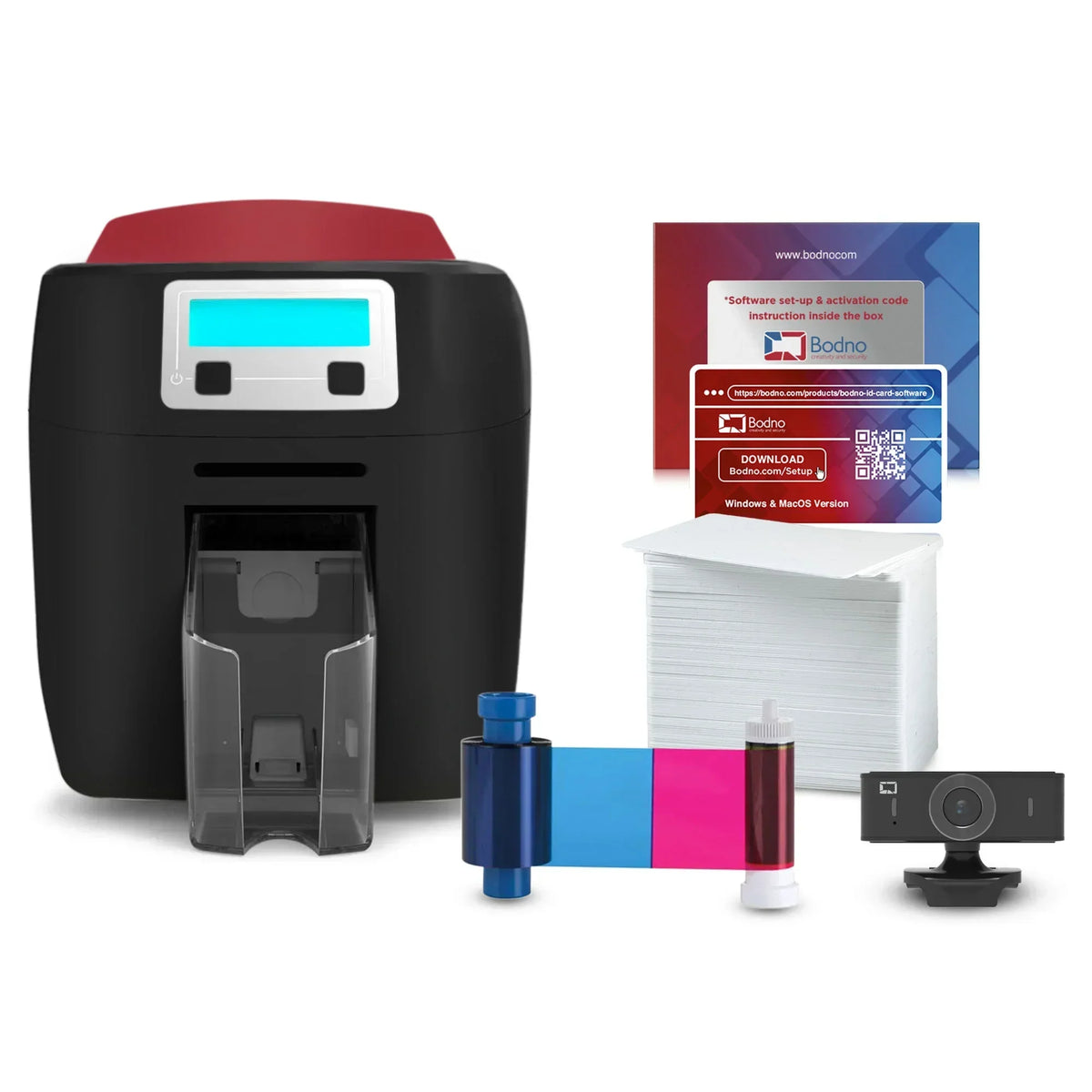 ID card printer with software, blank cards, ink ribbon, webcam, and setup guide for business or school use