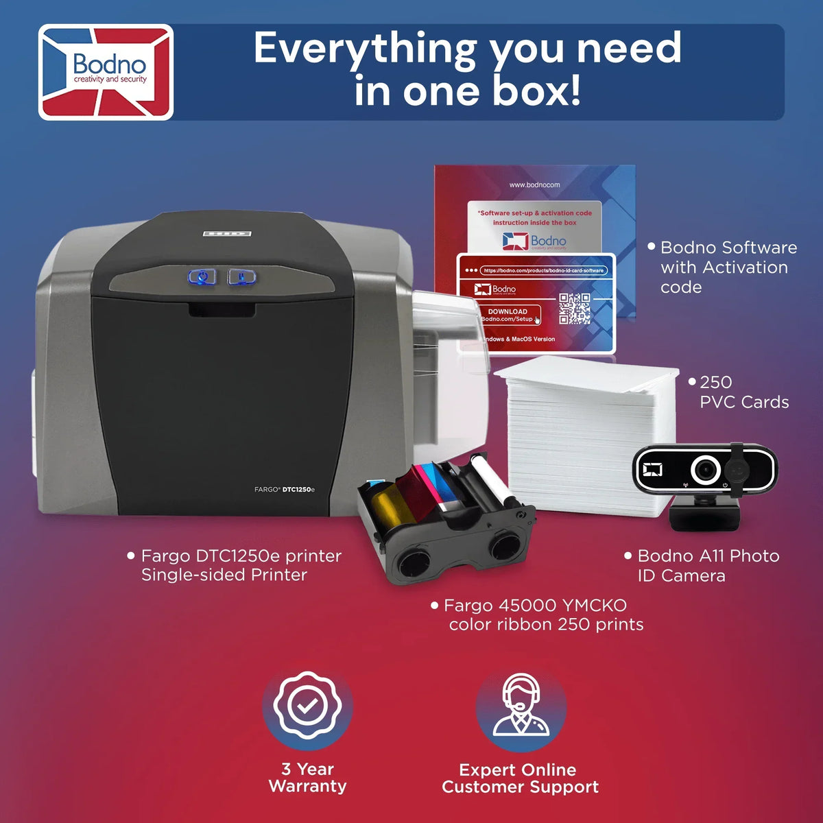 Fargo DTC1250e ID card printer kit with software, PVC cards, color ribbon, and photo ID camera for business use