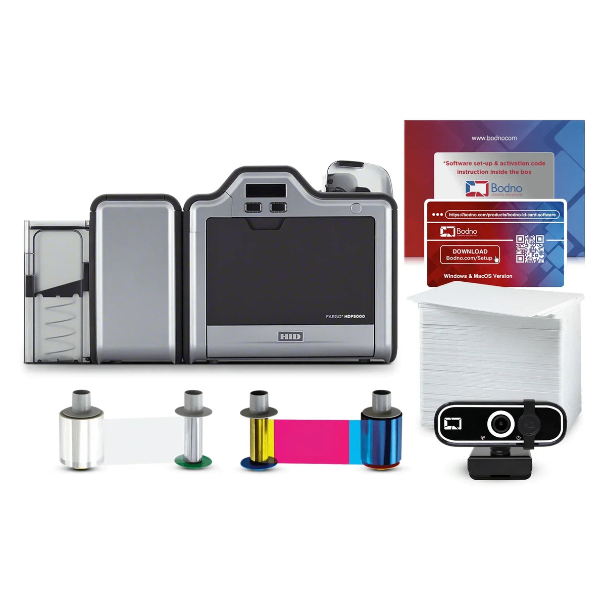 HID Fargo HDP5000 ID card printer with ribbons, blank cards, software, and webcam for secure ID printing