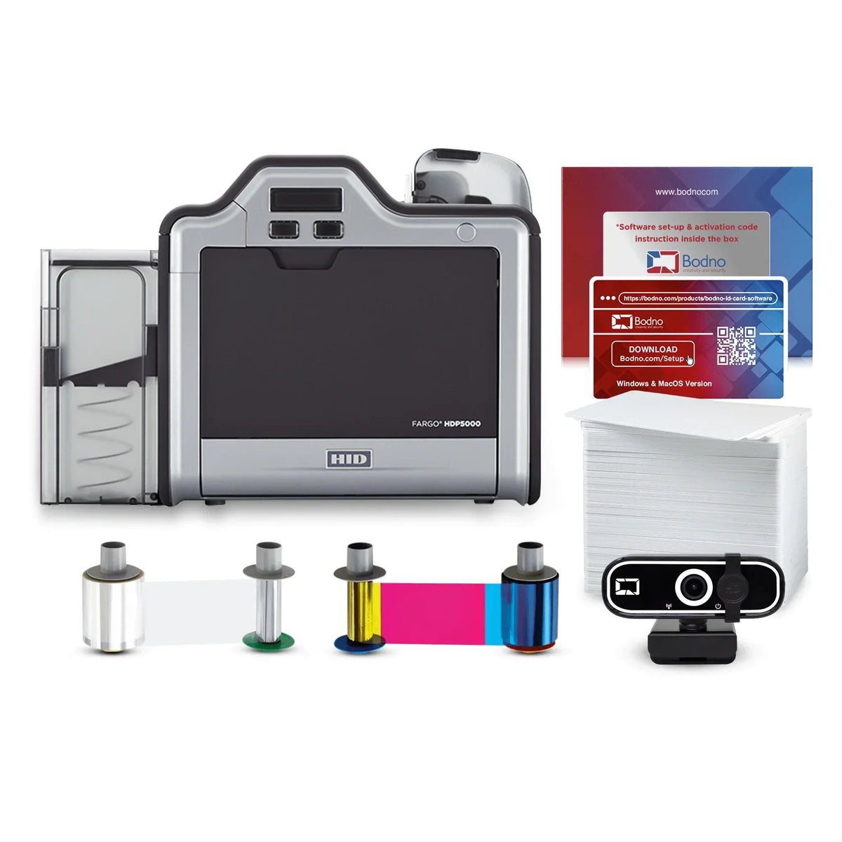 HID Fargo HDP5000 ID card printer with ribbons, blank cards, software, and webcam for secure ID printing