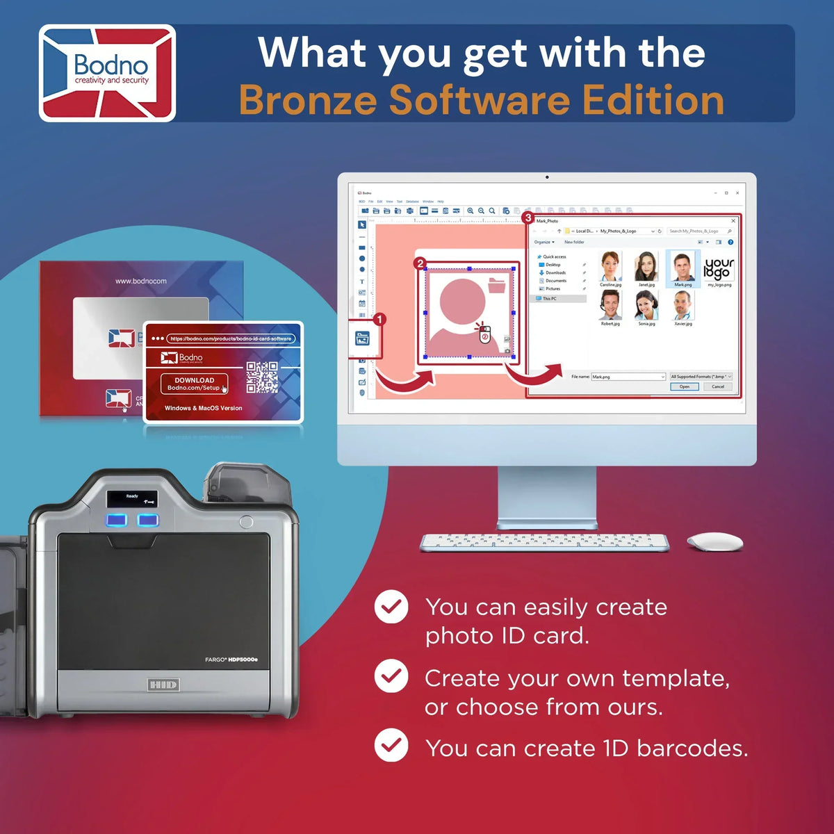 ID card printer with software interface for creating photo ID cards, templates, and barcodes