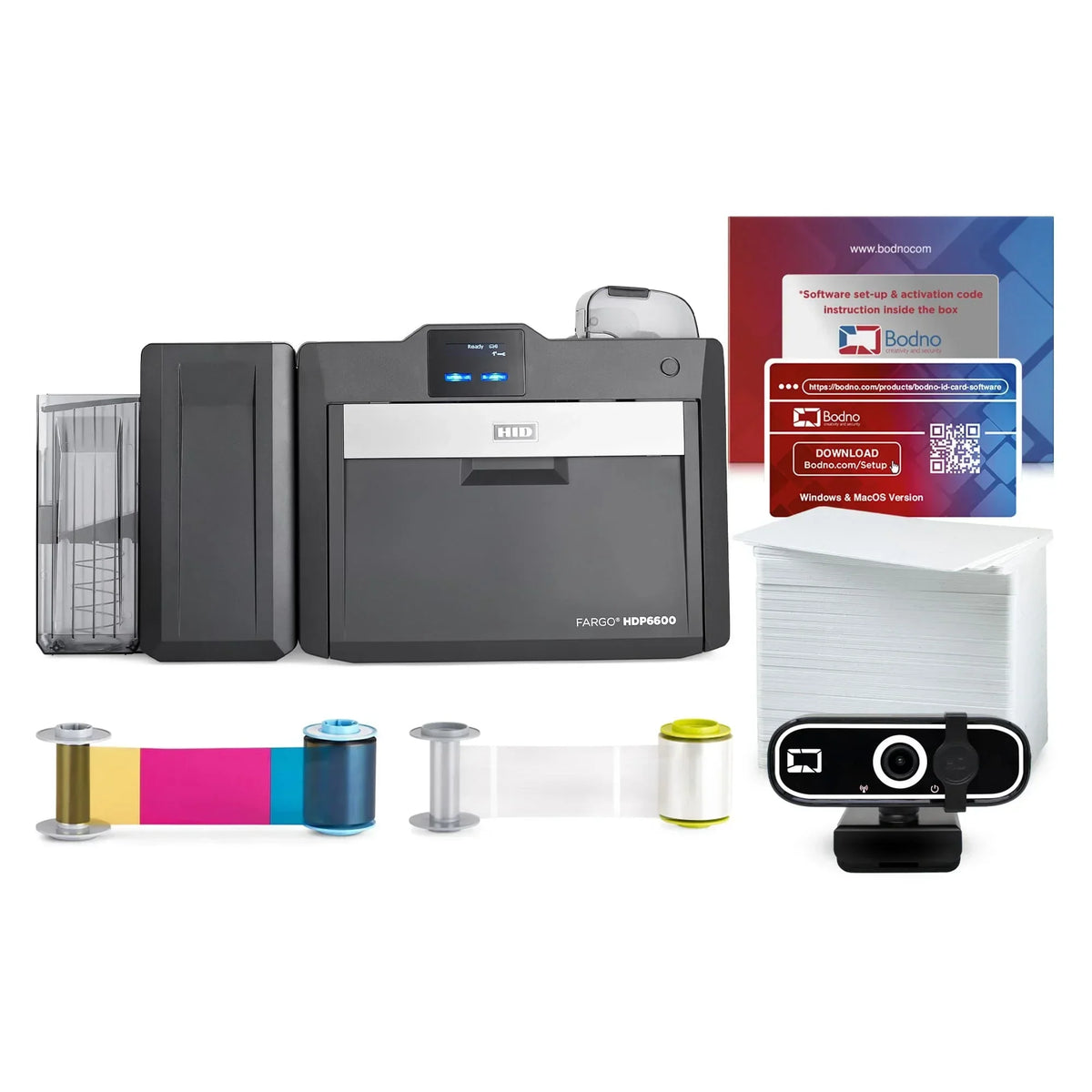 HID Fargo HDP6600 ID card printer with ribbons, blank cards, software, and webcam for secure ID printing