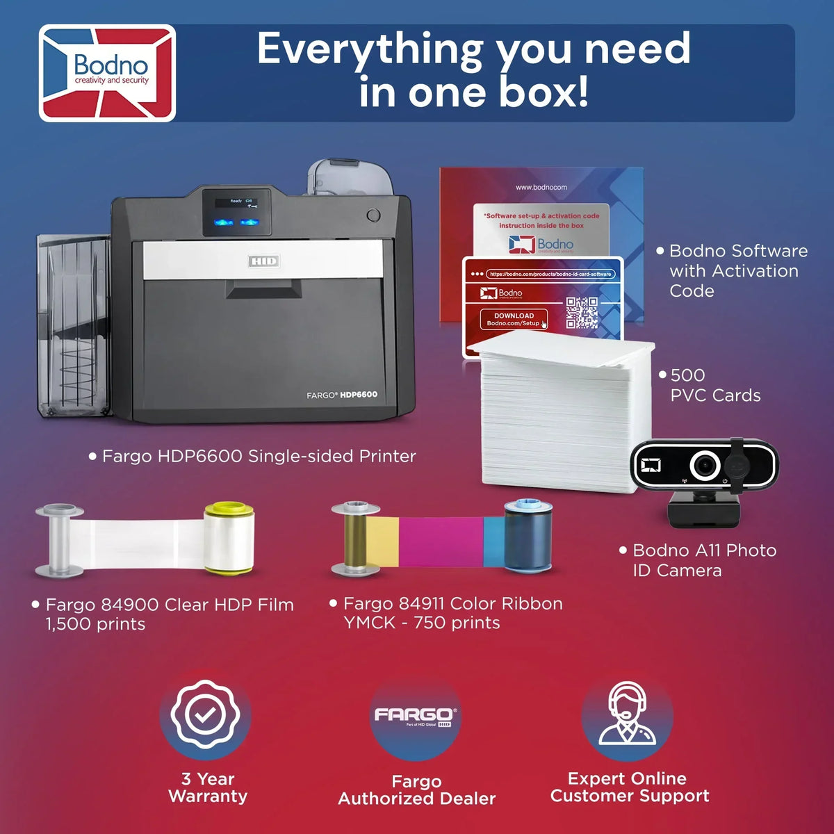 Fargo HDP6600 ID card printer bundle with software, PVC cards, ribbons, camera, and 3-year warranty
