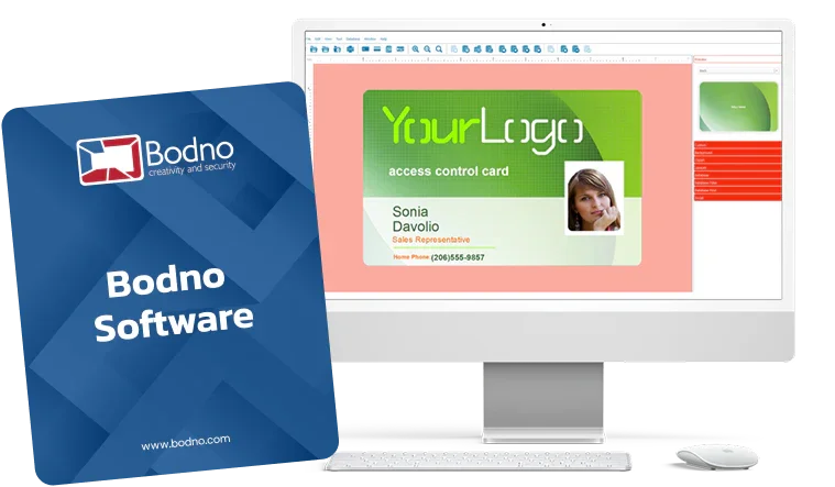 Bodno ID Card Software box and the software on a desktop computer