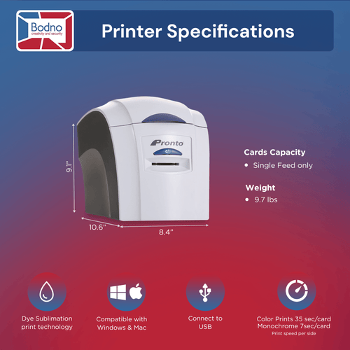 Magicard Pronto ID Card Printer & Complete Supplies Package with Bodno Bronze Edition ID Software 