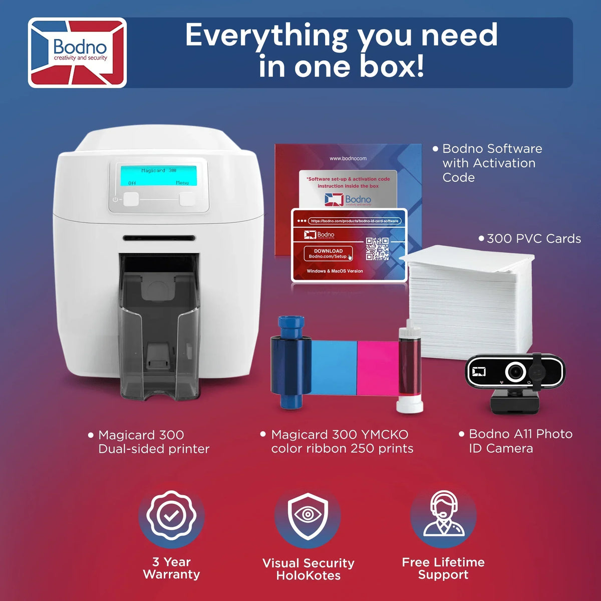 Magicard 300 dual-sided ID card printer kit with software, PVC cards, color ribbon, and photo camera for business use