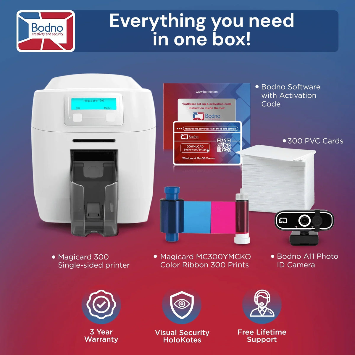 Magicard 300 ID card printer kit with software, PVC cards, color ribbon, and photo camera for business ID solutions