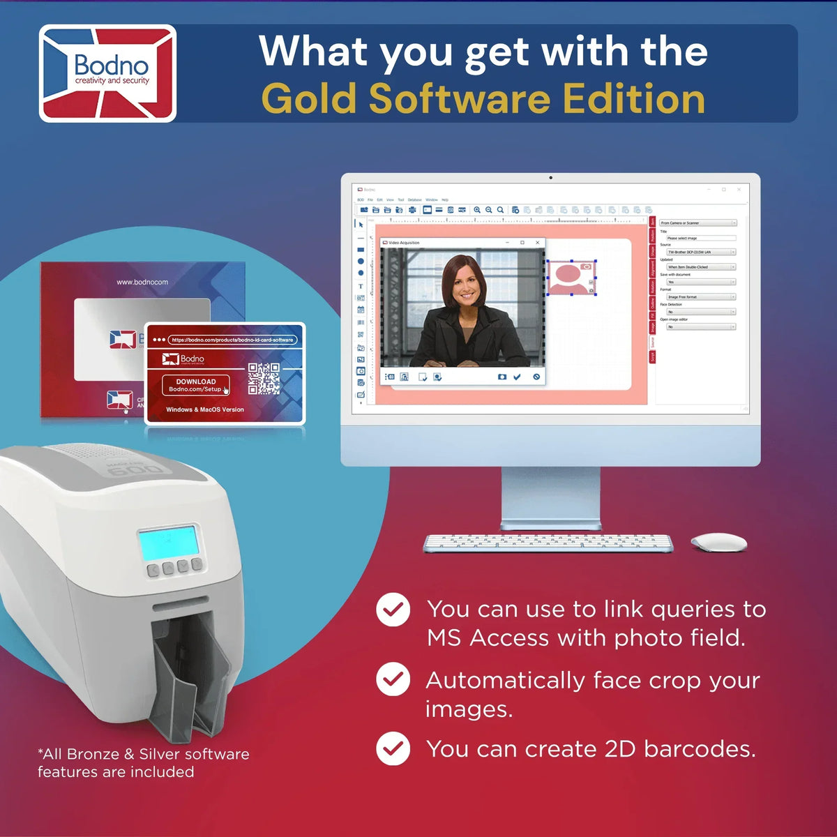 ID card printer with Gold Software Edition for face crop, 2D barcodes, and MS Access integration