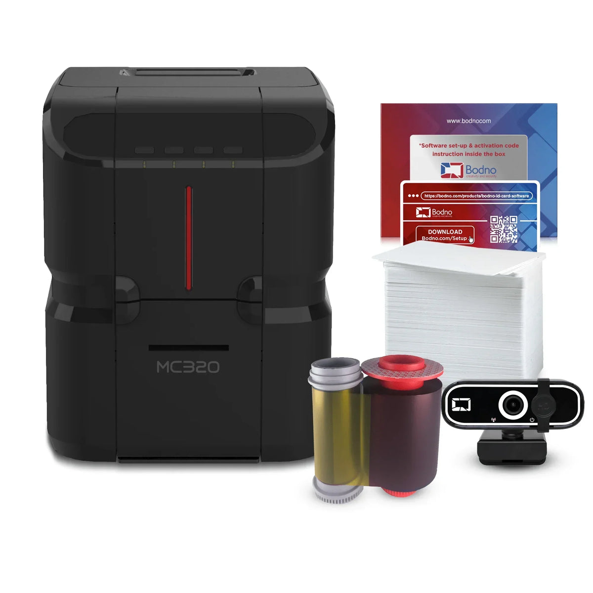 MC320 ID card printer with ribbons, blank cards, webcam, and software setup guide for business use