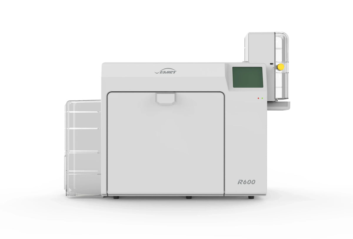 EKOY R600 ID card printer with LCD display and card output tray for business, school, or healthcare use