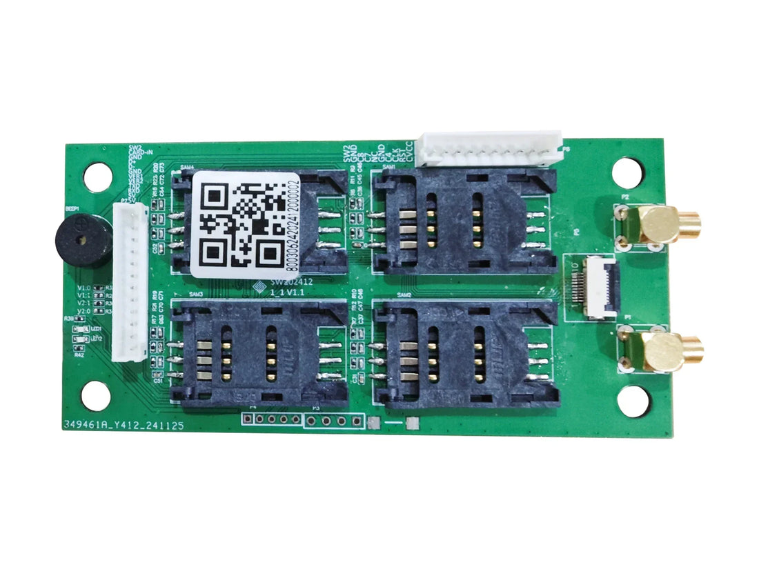 Green circuit board with dual SIM card slots, QR code, and connectors for ID card printer systems