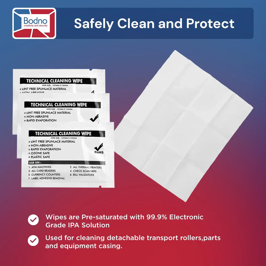 Technical cleaning wipes for ID card printers, ATMs, and thermal printers — lint-free, non-abrasive, IPA-saturated