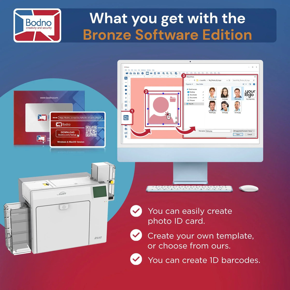 ID card printer with software interface for designing photo ID cards, templates, and barcodes