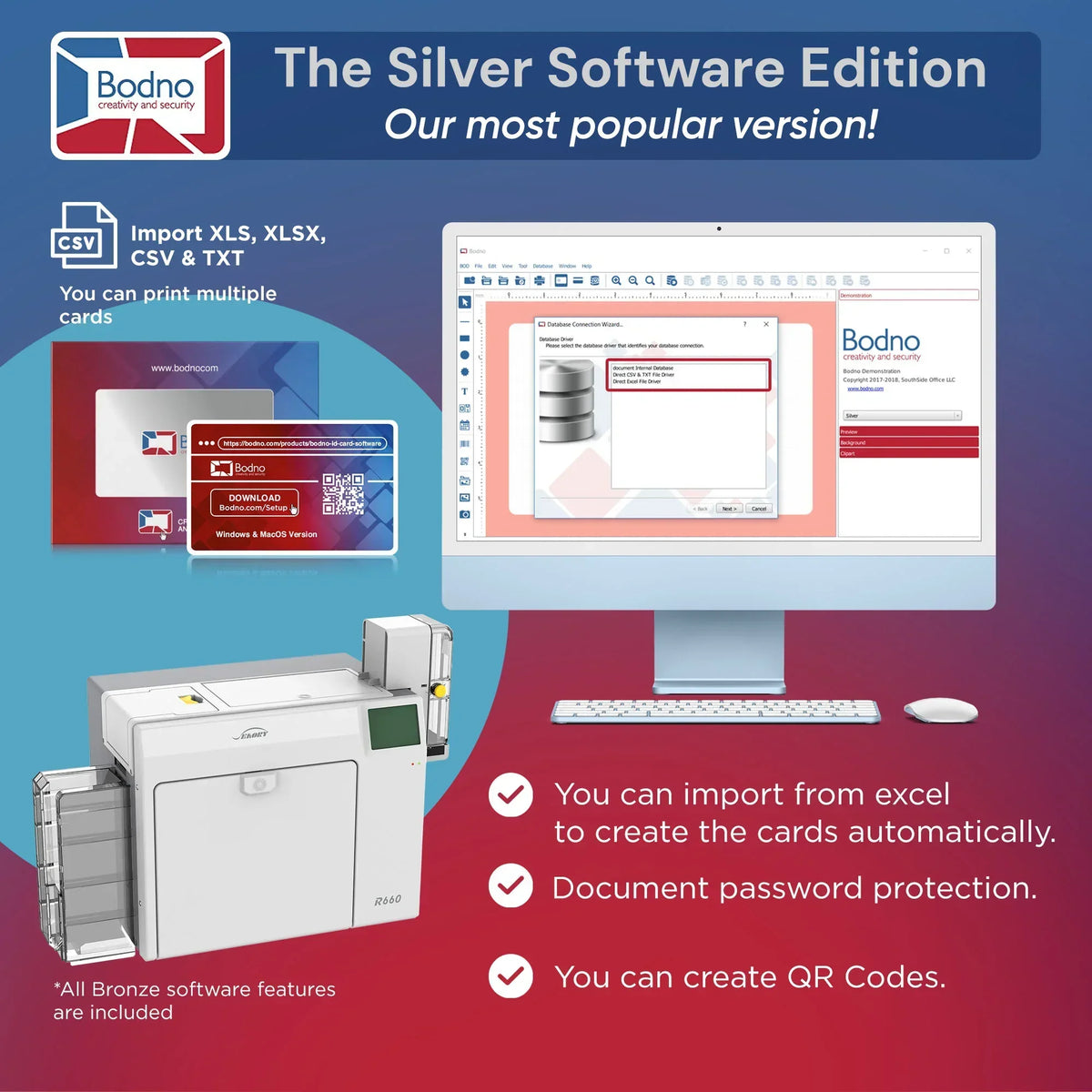 ID card printer with Silver software for importing Excel, CSV, creating QR codes & password protection