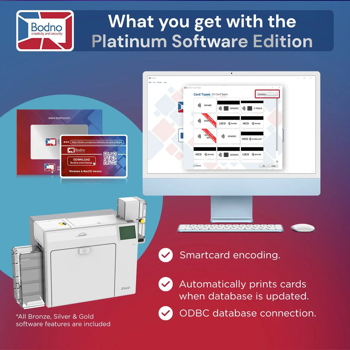 Platinum ID card software with smartcard encoding, auto-printing, and ODBC database connection for ID card printers
