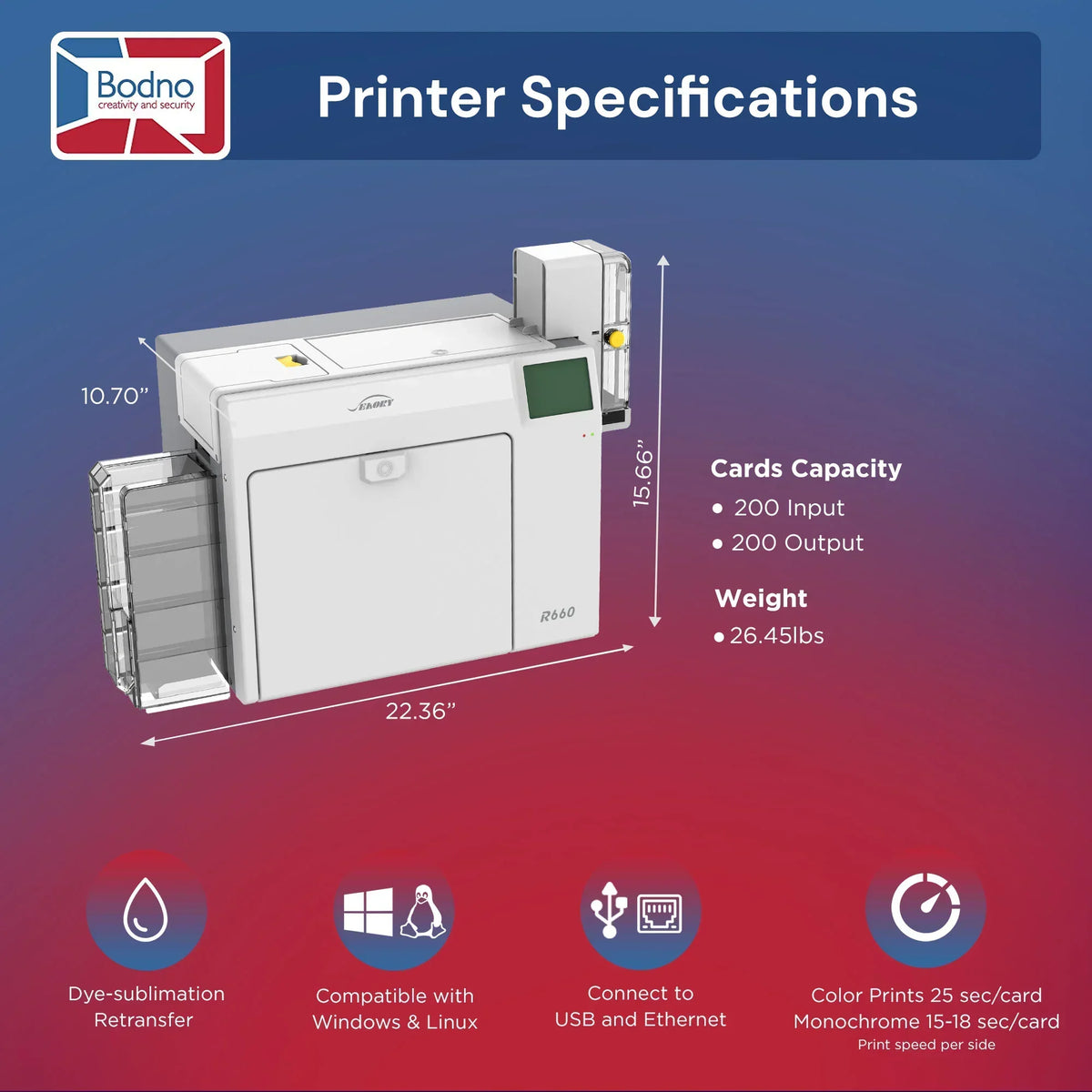 ID card printer specs: 200-card capacity, 26.45 lbs, dye-sublimation, USB/Ethernet, Windows/Linux compatible