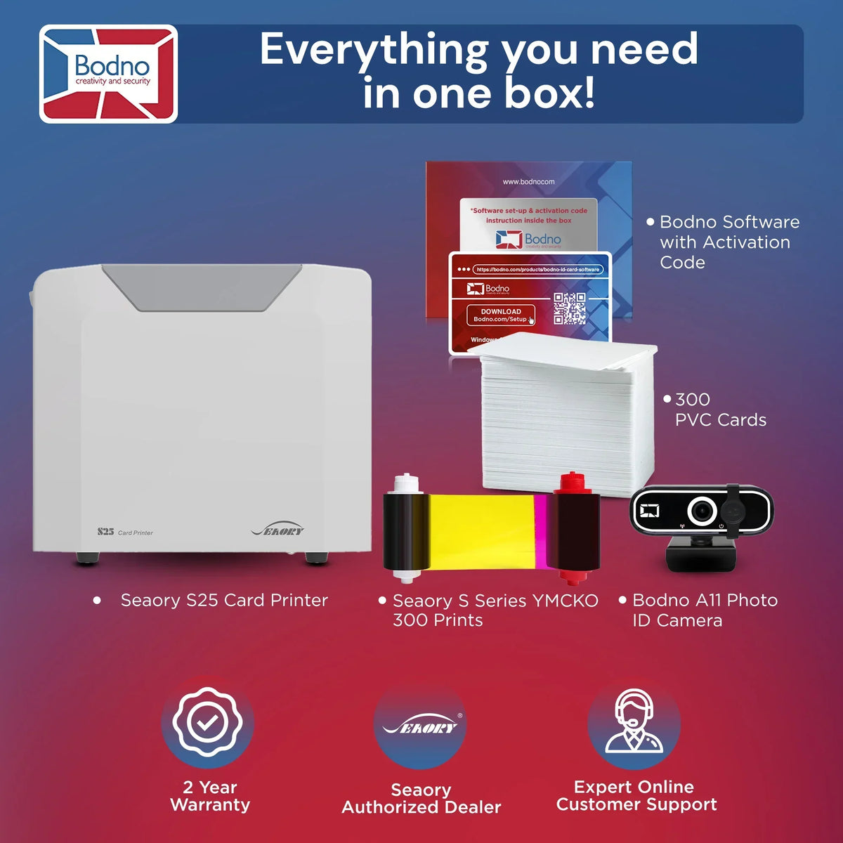 Seaory S25 ID card printer bundle with software, PVC cards, ribbon, and photo camera for business ID solutions