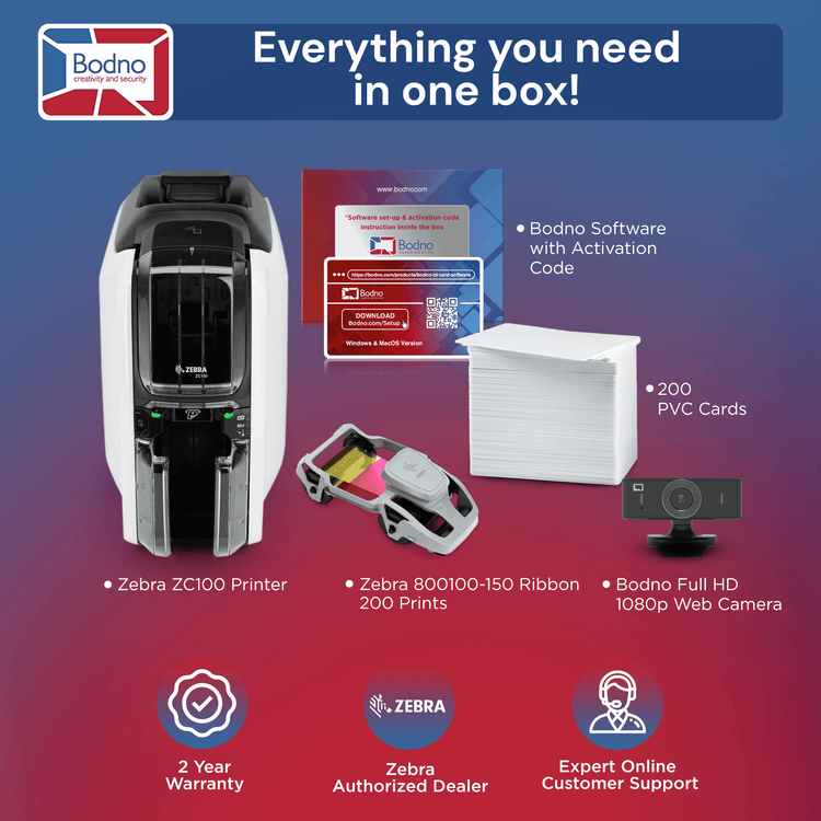 Zebra ZC100 Single Sided ID Card Printer & Complete Supplies Package with Bodno Bronze Edition ID Software