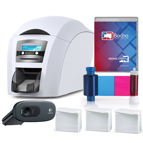 Magicard Enduro 3e Dual Sided ID Card Printer & Complete Supplies Package with Bodno Bronze Edition ID Software 