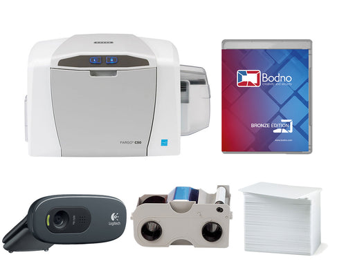 Fargo C50 Single Sided ID Card Printer & Complete Supplies Package with Bodno Bronze Edition ID Software 