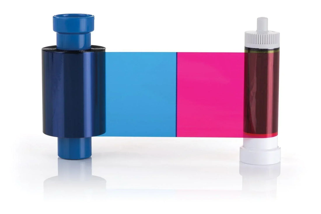 ID card printer ribbon with blue and magenta panels for color printing