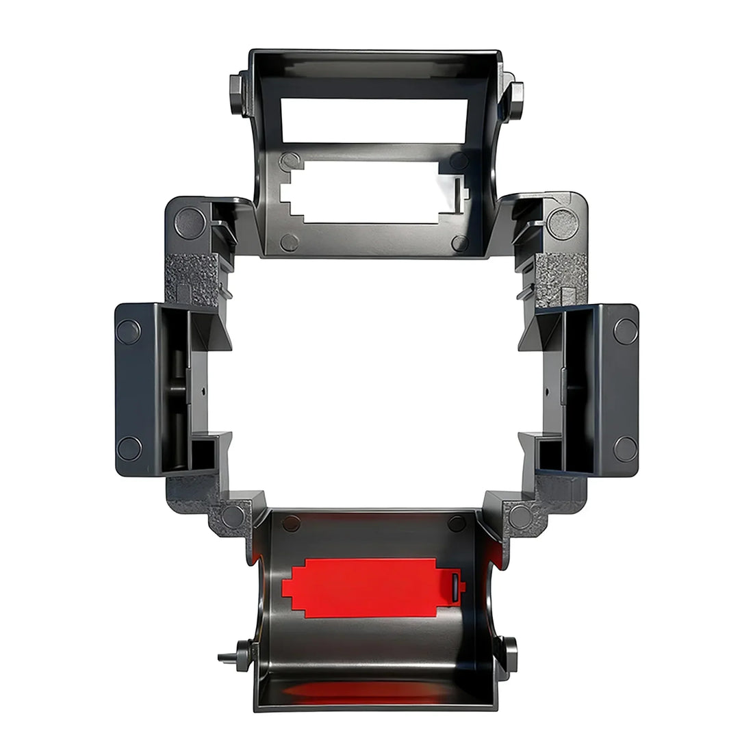 ID card printer internal mechanism with red ribbon cartridge and black plastic housing