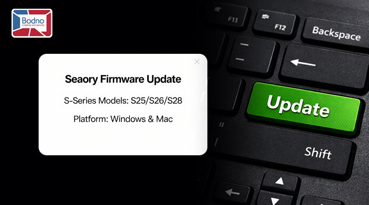 Sealogy firmware update for S-Series ID card printers on Windows & Mac, shown with green update button
