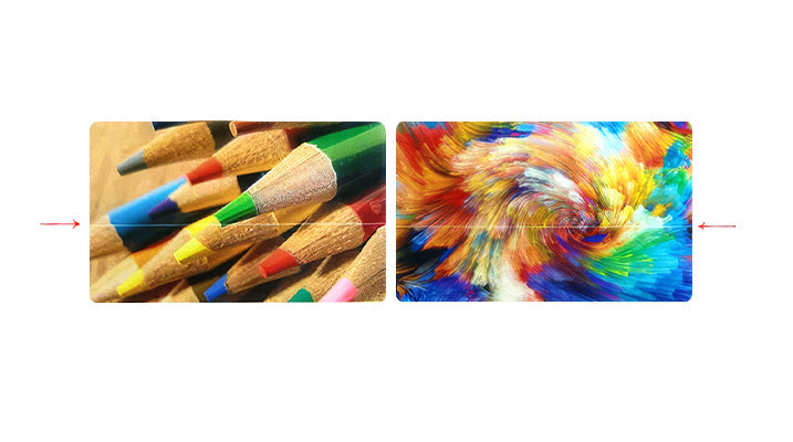 Colorful pencils and vibrant abstract art side by side