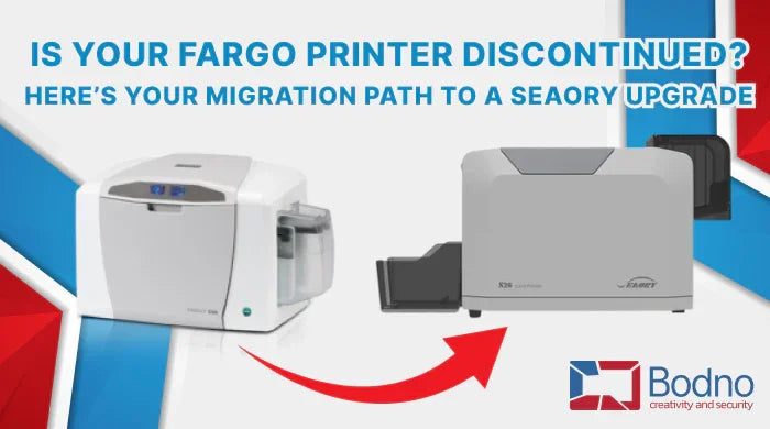Fargo printer upgrade to Seacory ID card printer with migration path arrow