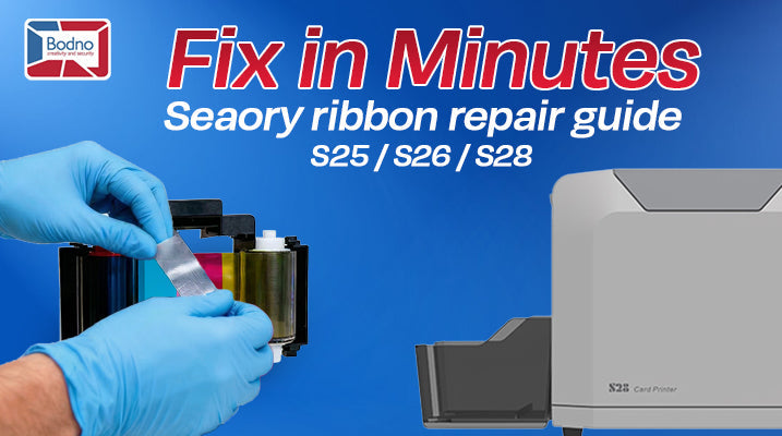 Fix ID card printer ribbon fast – Seaory S25/S26/S28 repair guide with gloved hands installing ribbon