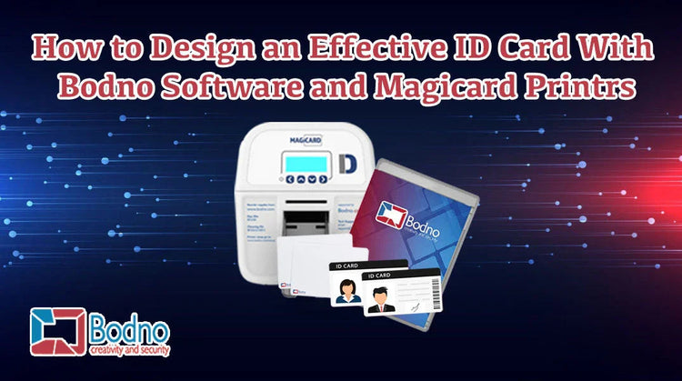 ID card printer with Bodno software and sample ID cards for secure identification design