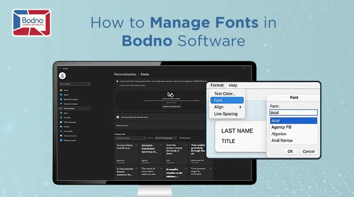 Manage fonts in Bodno ID card software with font selection menu displayed on screen
