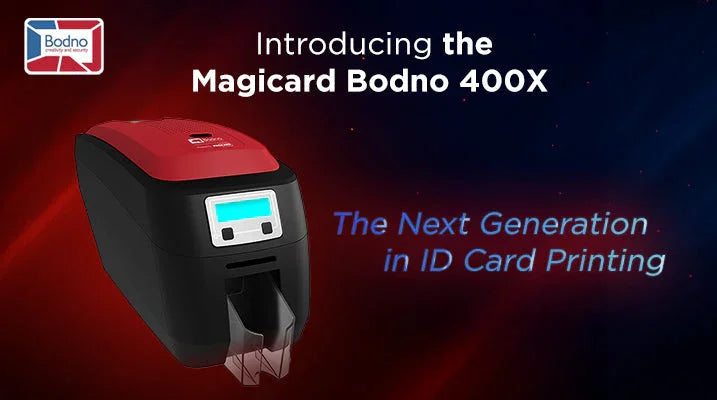 Magicard Bodno 400X ID card printer with red top and digital display for next-gen card printing