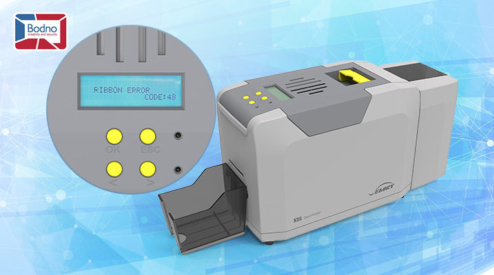 ID card printer displaying ribbon error code 48, ideal for businesses and schools needing reliable printing solutions