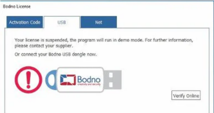 Bodno license activation screen showing suspended status, USB dongle prompt, and verify online button