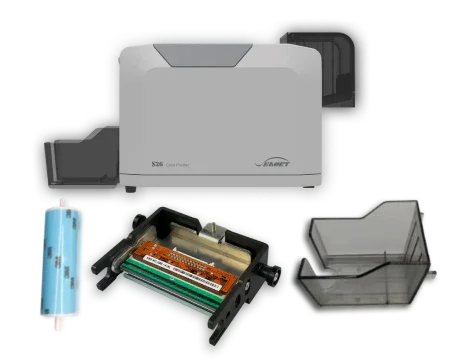ID card printer with ribbon cartridge, card hopper, and output tray for business ID printing solutions
