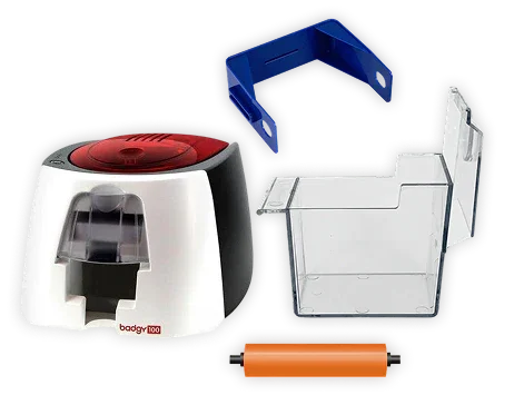 Badgy200 ID card printer with accessories: blue holder, clear tray, orange roller