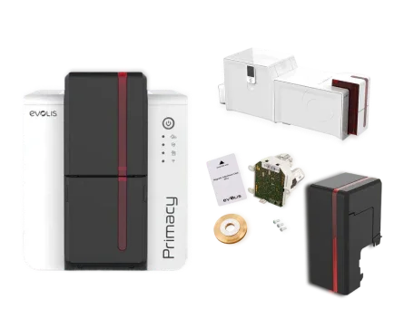Evolis Primacy ID card printer with accessories, ideal for businesses and schools needing reliable card printing solutions.