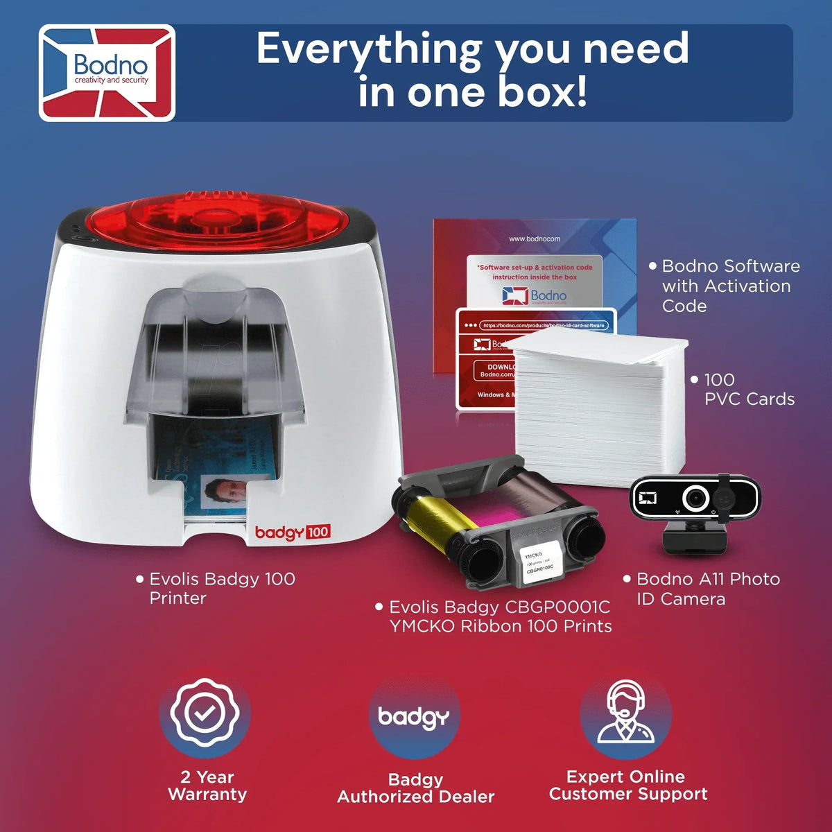 Evolis Badgy 100 ID card printer kit with software, PVC cards, ribbon, and photo camera for business ID printing
