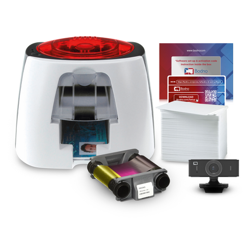 Badgy100 ID Card Printer & Complete Supplies Package with Bodno Bronze Edition ID Software 