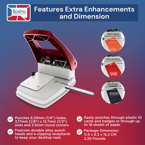3-in-1 ID Badge Slot Punch for ID Cards (Works with All PVC Cards and ID Card Printers) -Red