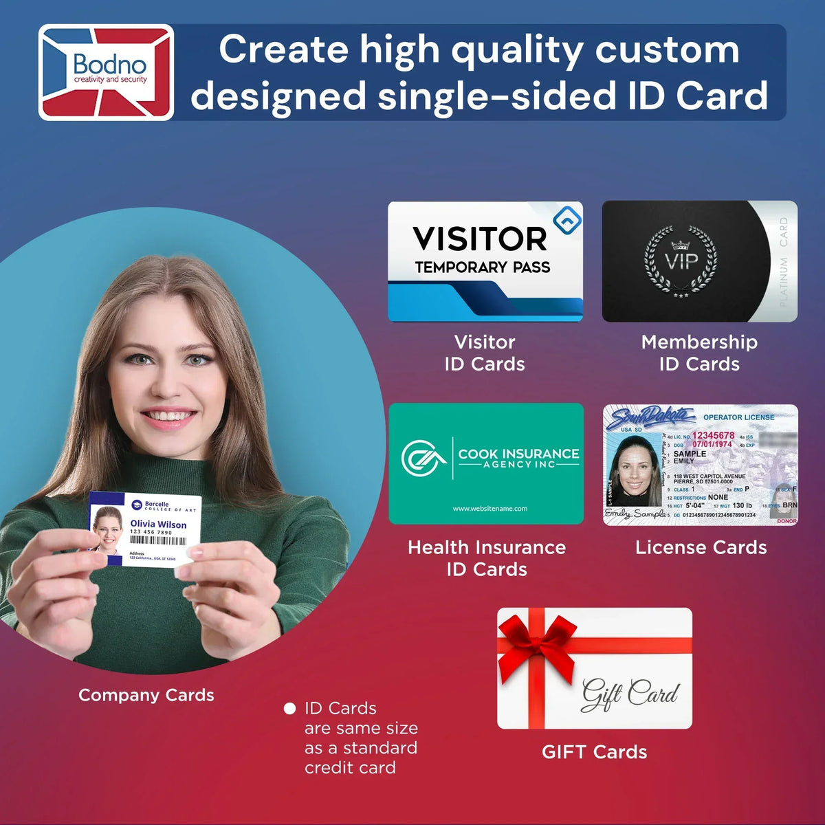 Custom single-sided ID cards for visitors, members, insurance, licenses, company, and gift cards