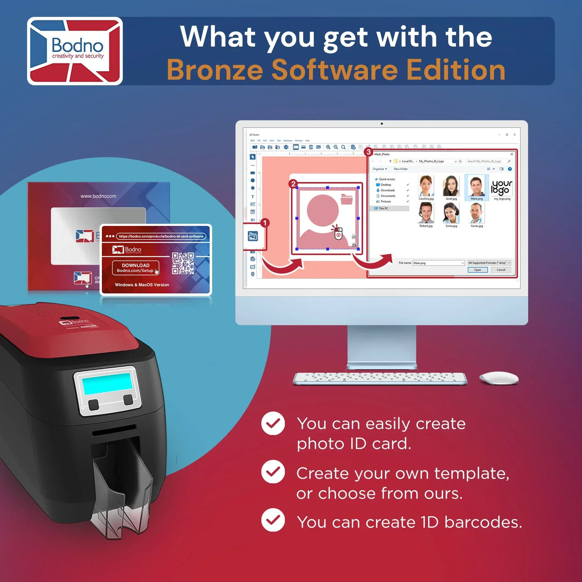 ID card printer with software interface for creating photo ID cards, templates, and barcodes
